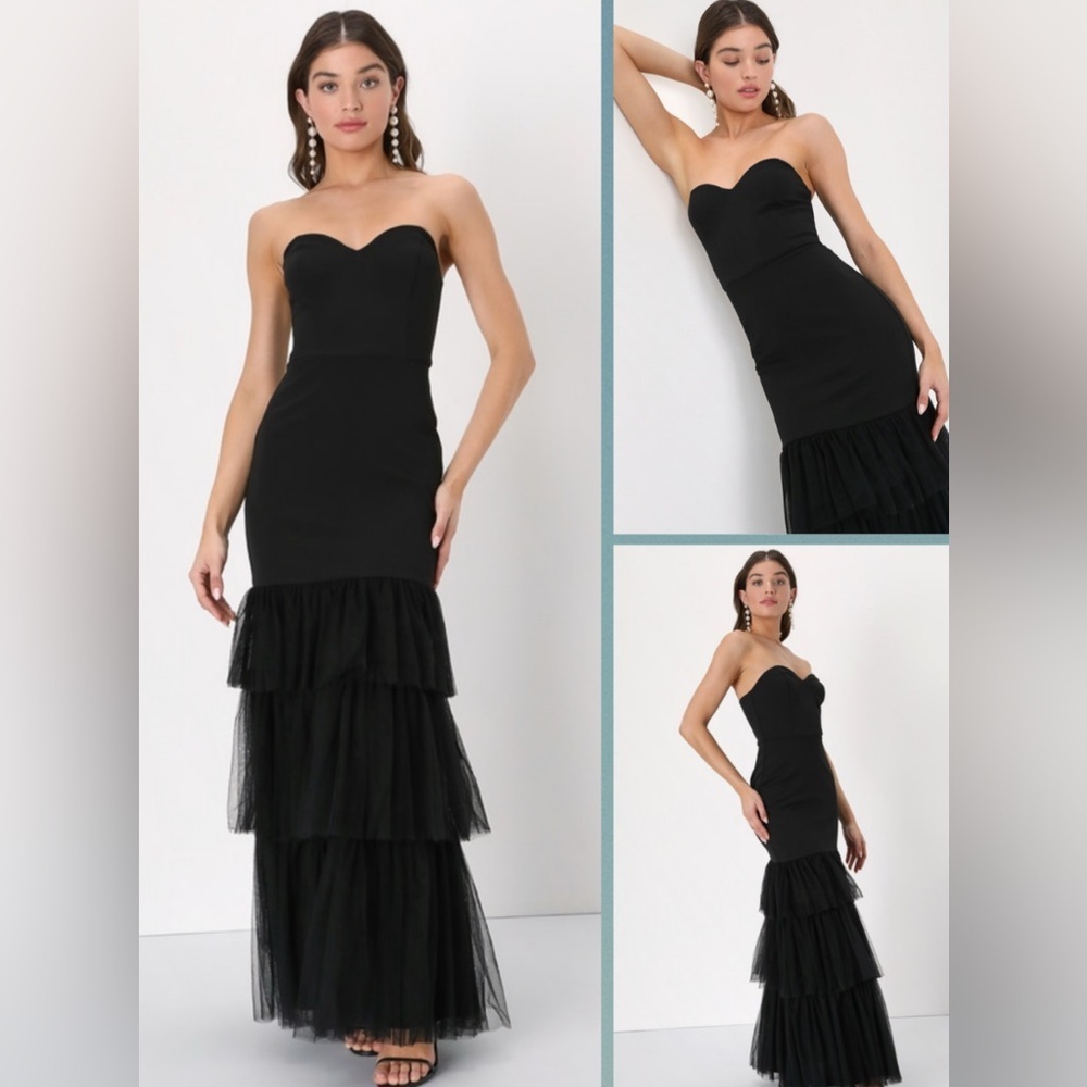 Lulus Dramatic Fanatic Black Strapless Tulle Trumpet Maxi Dress Size XL